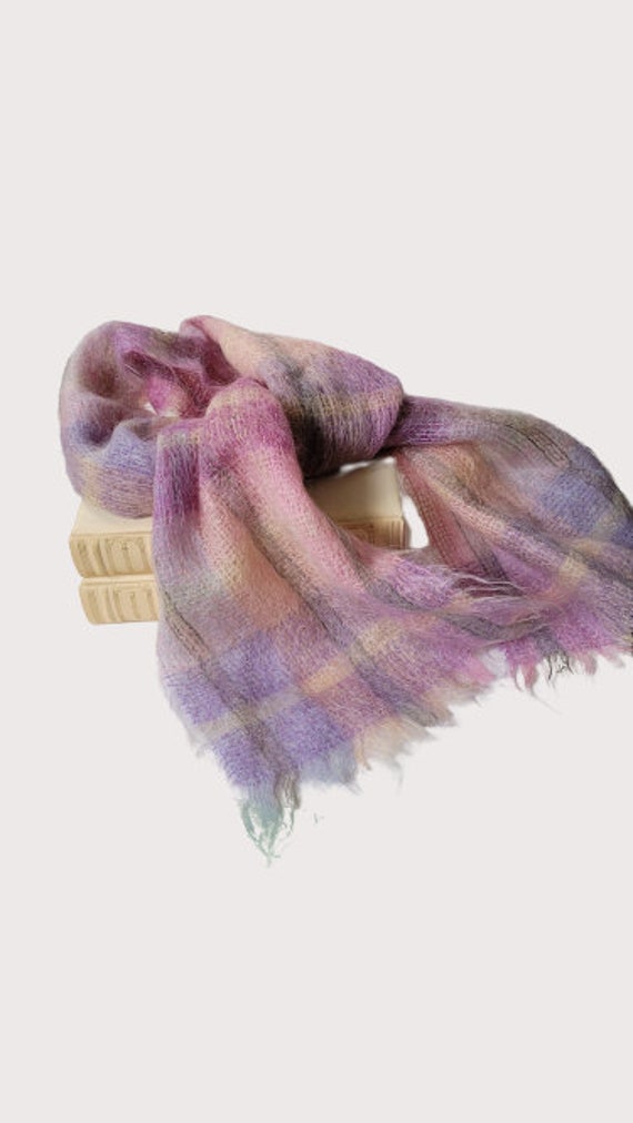 Vintage Woven Mohair  Scarf Wrap Mauve pink cream… - image 2