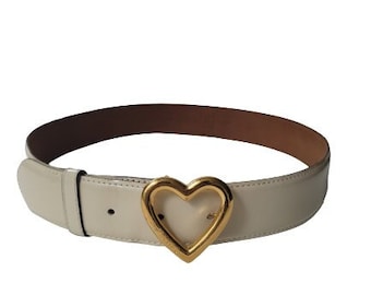 Vintage MOSCHINO Belt creamy white leather with gold heart buckle