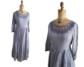 vintage Blue APRIL CORNELL floral dress  prairie cottagecore dress maxi