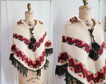 Vintage  70s wool poncho sweater, boho knit floral poncho