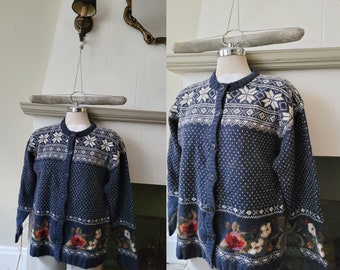 vintage blue Floral knit wool sweater nordic Cardigan M