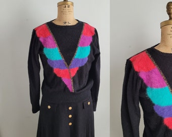 80s Black Sweater multicolor Angora wool Pullover M