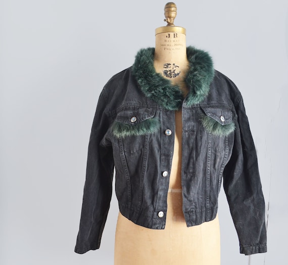 Vintage black denim jacket with fur collar