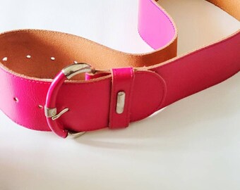 Vintage wide  leather belt hot pink with silvertone buckle 26 to 32 inches