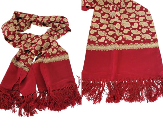 vintage DKNY mens red silk scarf with fringes,men… - image 2