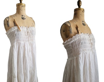 vintage Indian white gauze dress  silver metallic stripes  adjustable elastic Grecian Goddess Dress