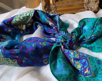 80s Liz Claiborne Arabesque Silk Scarf metallic blue green headscarf