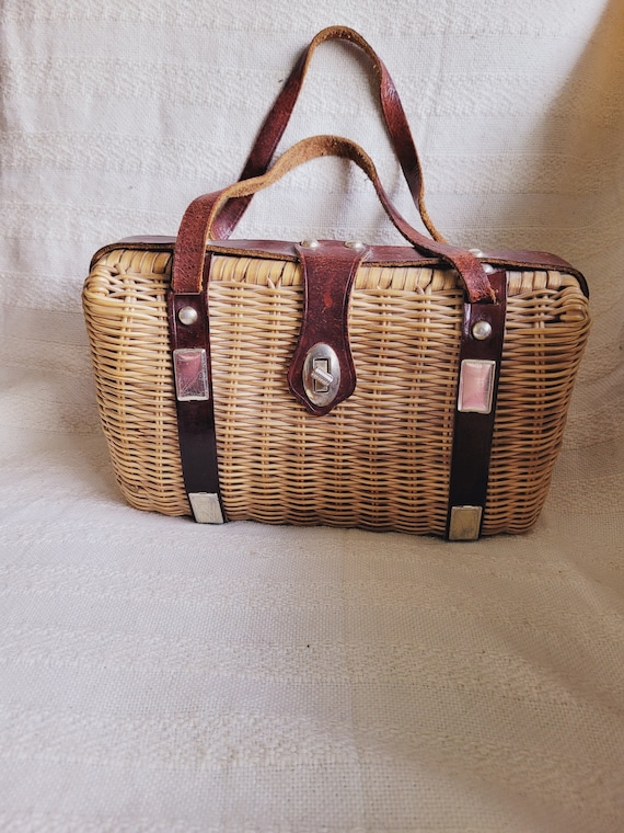 Vintage wicker bag , Micro wicker handbag with le… - image 3