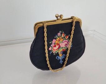 vintage  micro purse black embroidered with goldtone chain