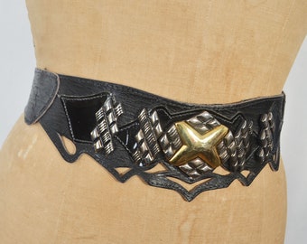 Vintage 80s Artisan made wide leather belt statement piece by LEAH