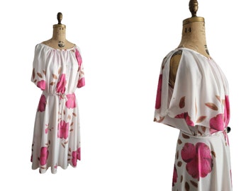 vintage Algo white  floral dress jersey knit pink flowers S
