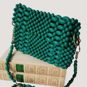 Vintage beaded bag  green plastic  wih gold chain Made in Hong Kong