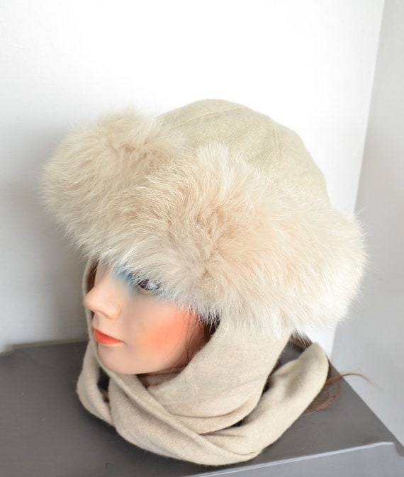 vintage Norwegian Fox fur hat - off white wool hat