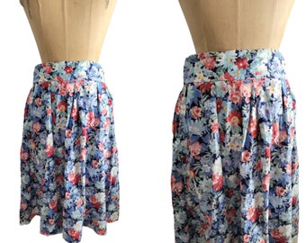 80s Cottagecore floral skirt-80s blue flowers  cotton skirt