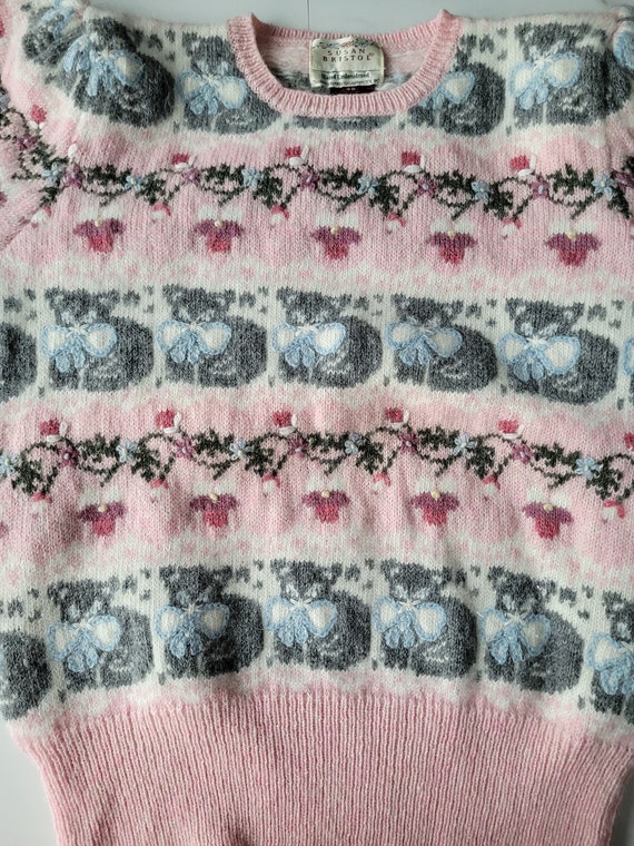 80s  Susan Bristol cat sweater pink novelty wool … - image 5