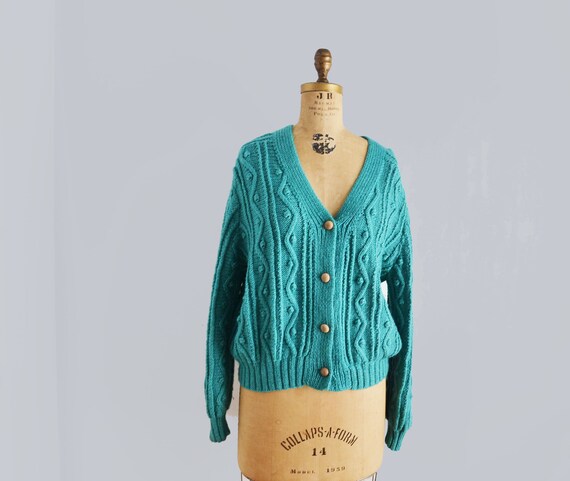 80s popcorn sweater cardigan hand knit blue woo