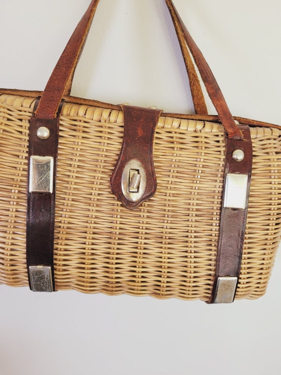 Vintage wicker bag , Micro wicker handbag with le… - image 5