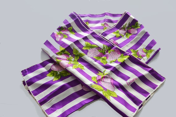Echo Silk Scarf long purple stripes strawberries