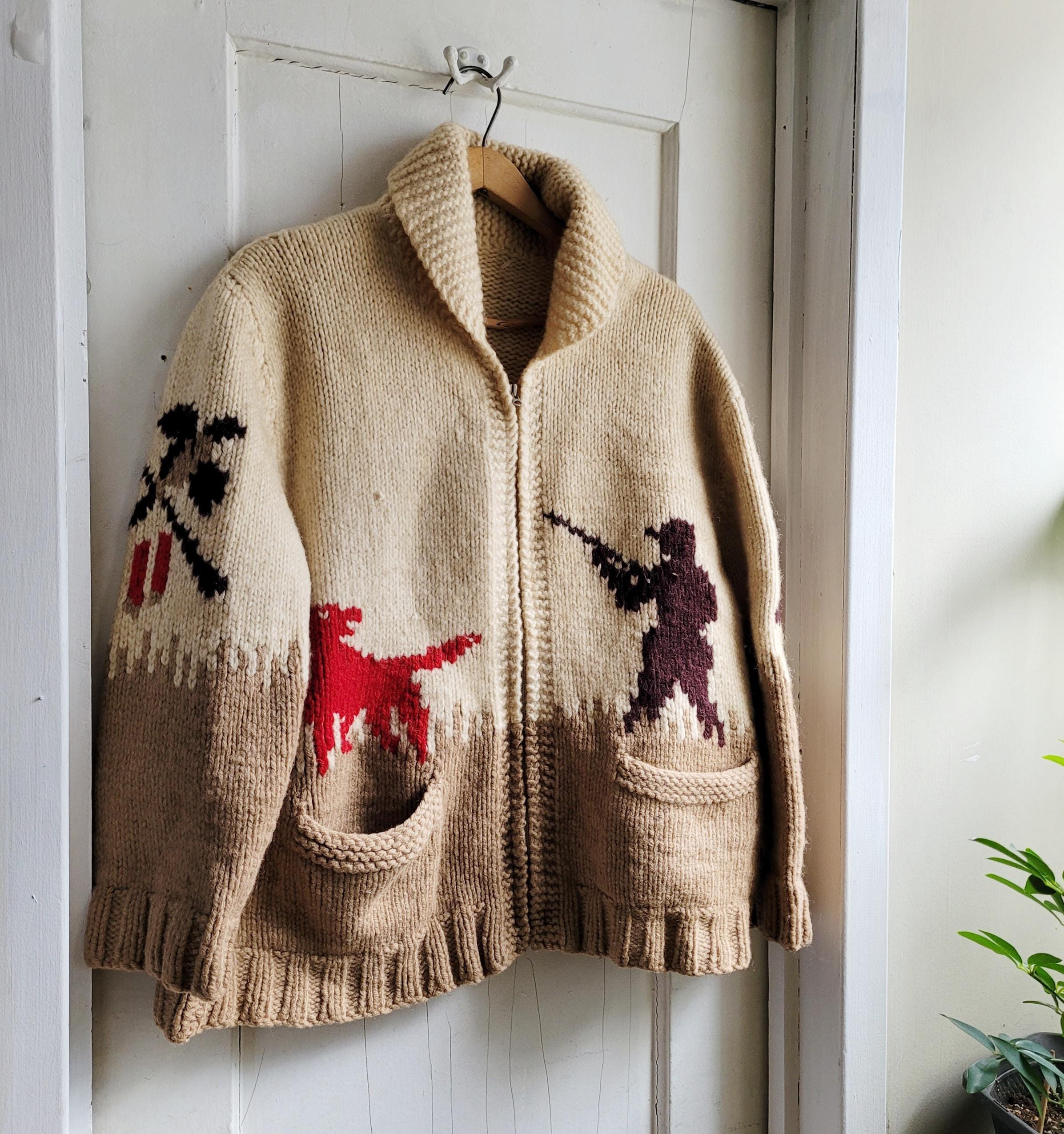 Vintage COWICHAN Sweater Hunting Cardigan Wool Hand Knit Extra