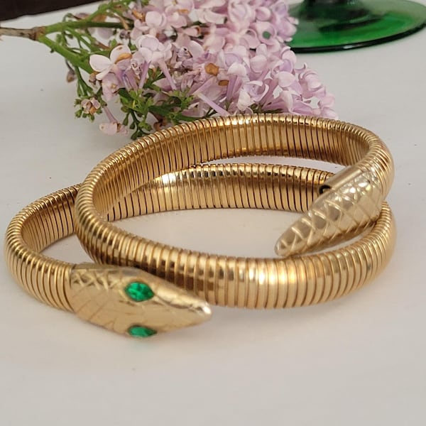 Vintage snake cuff  bracelet goldtone with green eyes