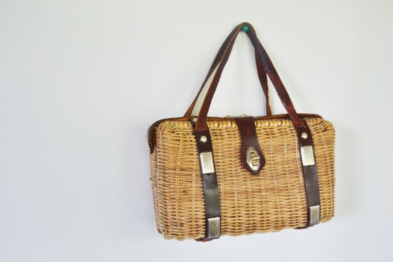 Vintage wicker bag , Micro wicker handbag with le… - image 1