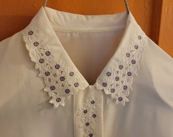 vintage white blouse with embroidered purple flowers