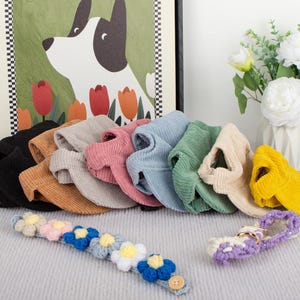 Pu&ograve; includere: Una collezione di cappelli per cani in velluto a coste in vari colori, tra cui nero, marrone, rosa, blu, verde, beige e giallo. Sono esposti anche un collare di fiori all'uncinetto e un guinzaglio viola. Un'illustrazione di cane incorniciata &egrave; sullo sfondo.