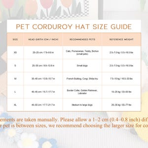 Pu&ograve; includere: Una guida alle taglie per cappelli in velluto a coste per animali domestici, con misure della circonferenza della testa in centimetri. La guida consiglia taglie per gatti, cani di piccola taglia e razze pi&ugrave; grandi, da 20 a 55 cm. Sono inclusi anche riferimenti al peso.