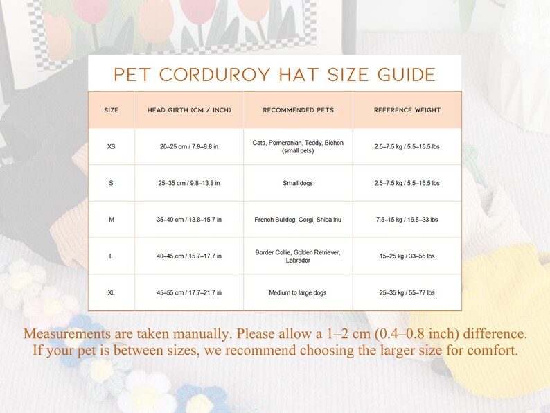 Pu&ograve; includere: Una guida alle taglie per cappelli in velluto a coste per animali domestici, con misure della circonferenza della testa in centimetri. La guida consiglia taglie per gatti, cani di piccola taglia e razze pi&ugrave; grandi, da 20 a 55 cm. Sono inclusi anche riferimenti al peso.