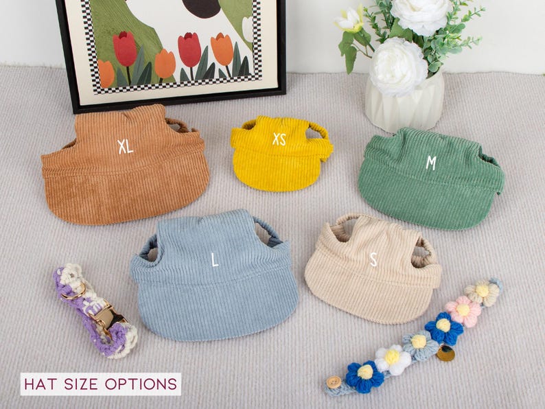 Pu&ograve; includere: Una collezione di cappelli per animali domestici in velluto a coste in vari colori, tra cui marrone, giallo e verde, ciascuno contrassegnato con una taglia: XL, XS e M. Sono inclusi anche cappelli blu e beige con taglie L e S. Sono inclusi anche due collari decorativi per animali domestici.