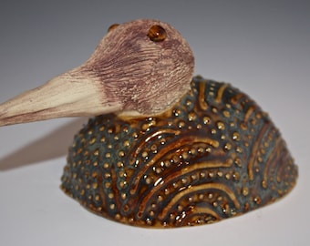 Ceramic Bird Textured Rattle  Rattle  Caramel Brown Green Spirit Rattle 109-19