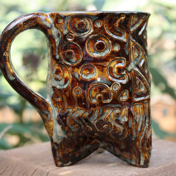 Ceramic Textured Mug / Clay Coffee Cup / Brown / Blue