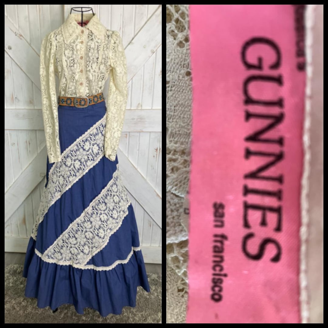 70's Vintage Gunne Sax Gunnies Lace Blue Chambray Denim Blouse Maxi ...