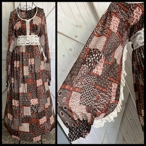 70's Vintage Brown White Orange Calico Patchwork Gunne Sax STYLE Poly Boho Angel Sleeve Maxi Dress