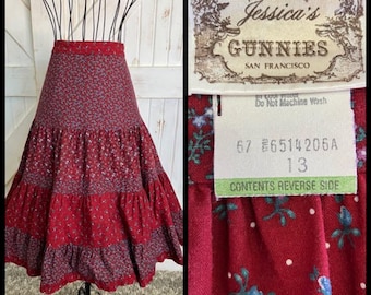 Spódnica midi Gunne Sax Jessiki Gunnies w kolorze czerwono-niebiesko-zielonym w stylu vintage z lat 70., rozmiar 13