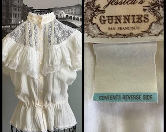 70's Vintage Gunne Sax Jessica's Gunnies White Lace Prairie Sweetheart Blouse Shirt Top
