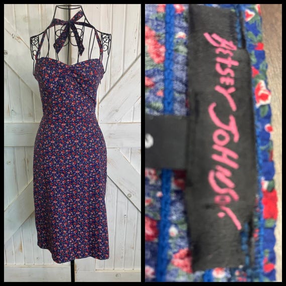 blue betsey johnson halter dress 90's Vintage Calico Pin up Midi Pencil Sundress CL_inv_8.2901 Black Halo Women's Amelie Color:Mocco 97% Polyester