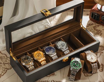 Personalized Black Wooden Watch Box, Watch Organizer For Men, Customized 6 Slot Watch Storage, Fathers Day Gift, Birthday Gift, Gift For Him