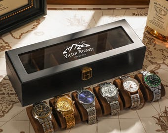 Customized 6 Slot Watch Storage, Personalized Black Wooden Watch Box, Watch Organizer For Men, Fathers Day Gift, Birthday Gift, Gift For Him