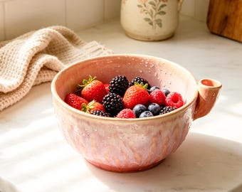 Handmade Pink Ceramic Berry Washing Bowl, Fruit Colander, Gentle Berry Washer, Farmhouse Kitchen Decor