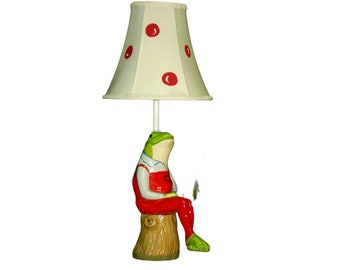 Fishing Frog Nursery Lamp: Red Polka Dot Shade, Whimsical Kids Decor