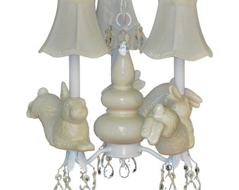 Bunny Chandelier: Handpainted Porcelain, Crystal Nursery Lighting