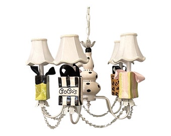 Girls Room Chandelier - Whimsical Paris French Shopping Bag Chandelier - Girl Glam Decor