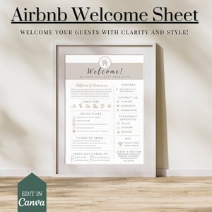 Cartello di benvenuto Airbnb / Poster di arrivo degli ospiti / Foglio informativo Wi-Fi / Foglio di benvenuto Airbnb / Regole della casa / Modello VRBO / Modello Canva modificabile