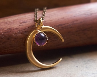 Amethyst moon necklace, Witch jewelry, Girlfriend gift, Celestial jewelry, February birthstone, Half moon necklace, Crescent moon