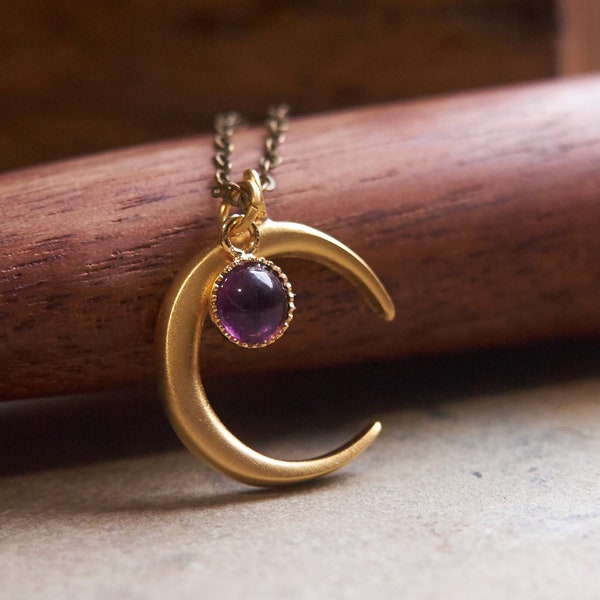 Amethyst moon necklace, Witch jewelry, Girlfriend gift, Celestial jewelry, February birthstone, Half moon necklace, Crescent moon