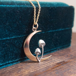 Moon and mushroom necklace, CottageCore pendant, Witch necklace, Forage jewelry, Crescent moon pendant, Dark Academia
