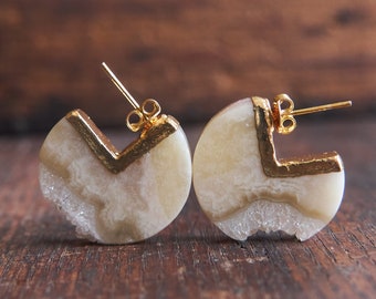 Quartz Statement Earrings: Raw Crystal Stone Studs, Gold Electroplated Huggies
