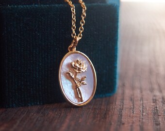 June Birth Flower Necklace: Rose Pendant, Mother of Pearl