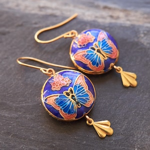 Vintage butterfly earrings, Cloisonne enamel jewelry, Blue statement Earrings, Miss Fisher jewelry image 1